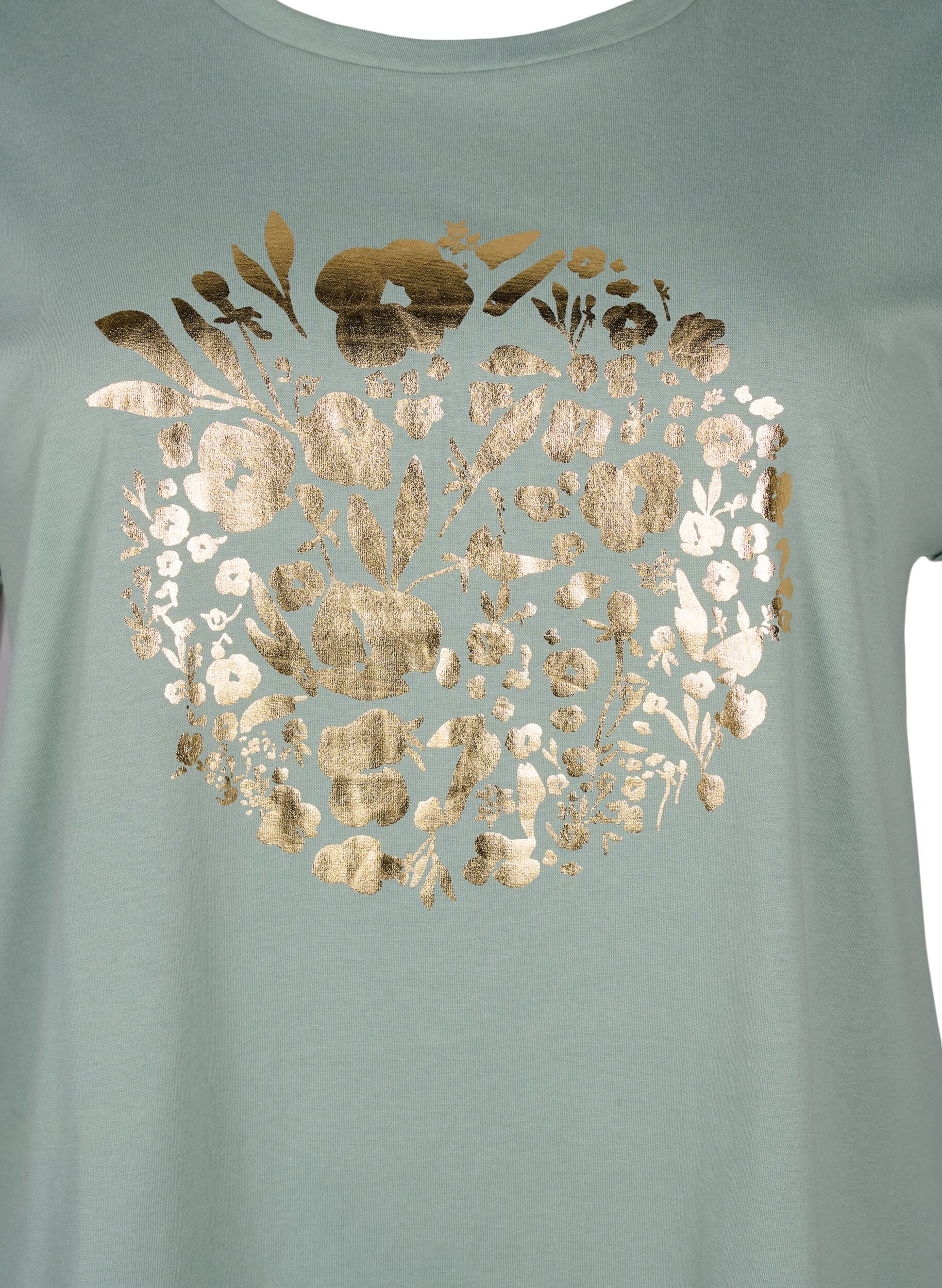 Zizzi T-shirt i ekologisk bomull med guldtryck, Ch.Green Gold Flower, Packshot image number 2