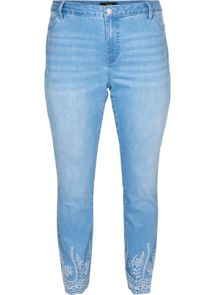 Croppade Emily Jeans med broderi, Light blue denim, Packshot image number 0