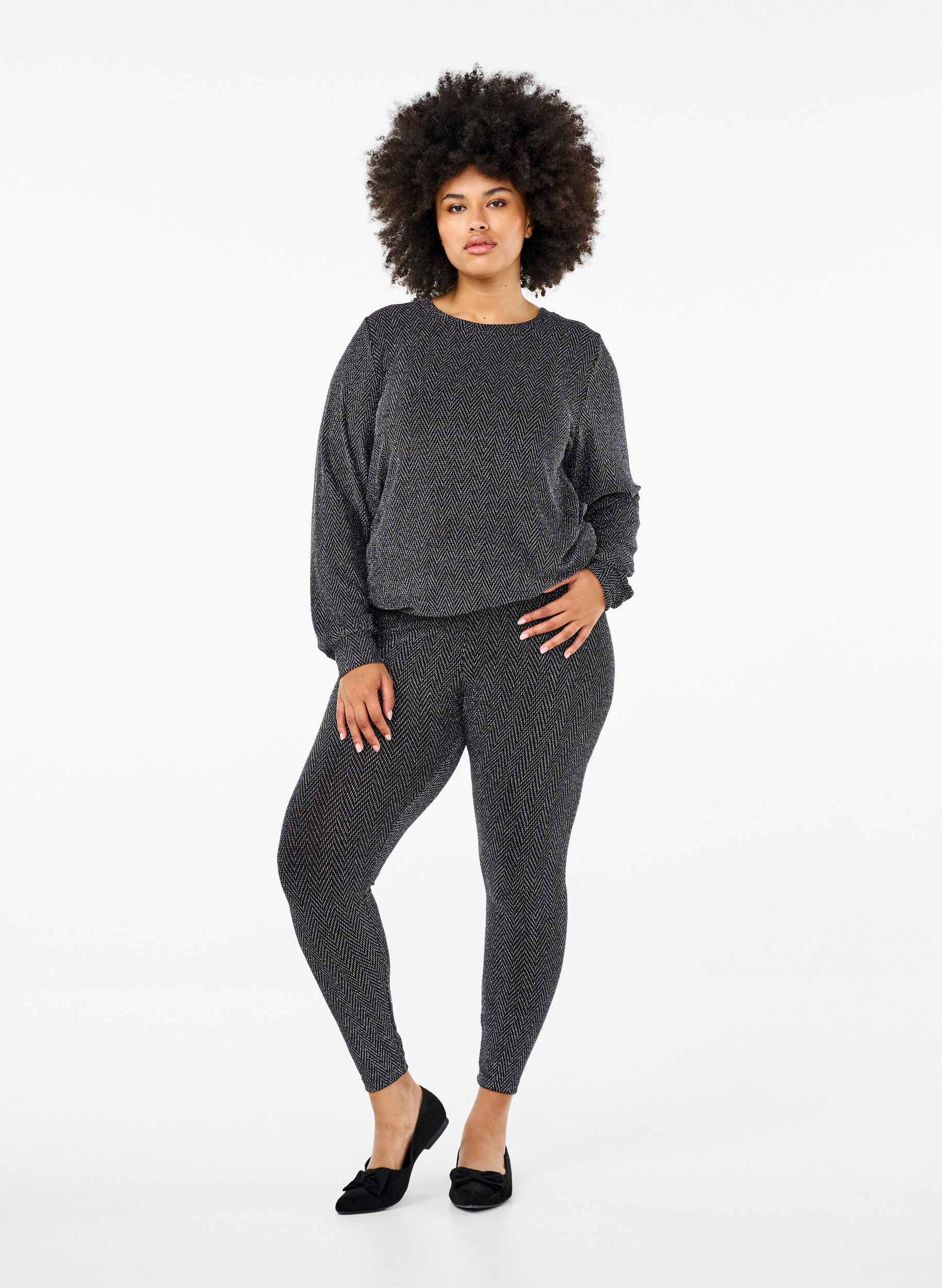 Zizzi Leggings med glitterm&ouml;nster, Silver ZigZagShimmer, Model image number 0