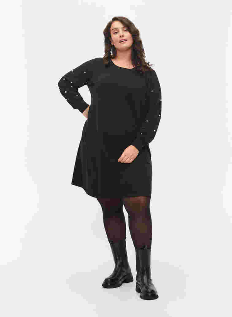 Långärmad klänning med pärldetaljer, Black, Model image number 2