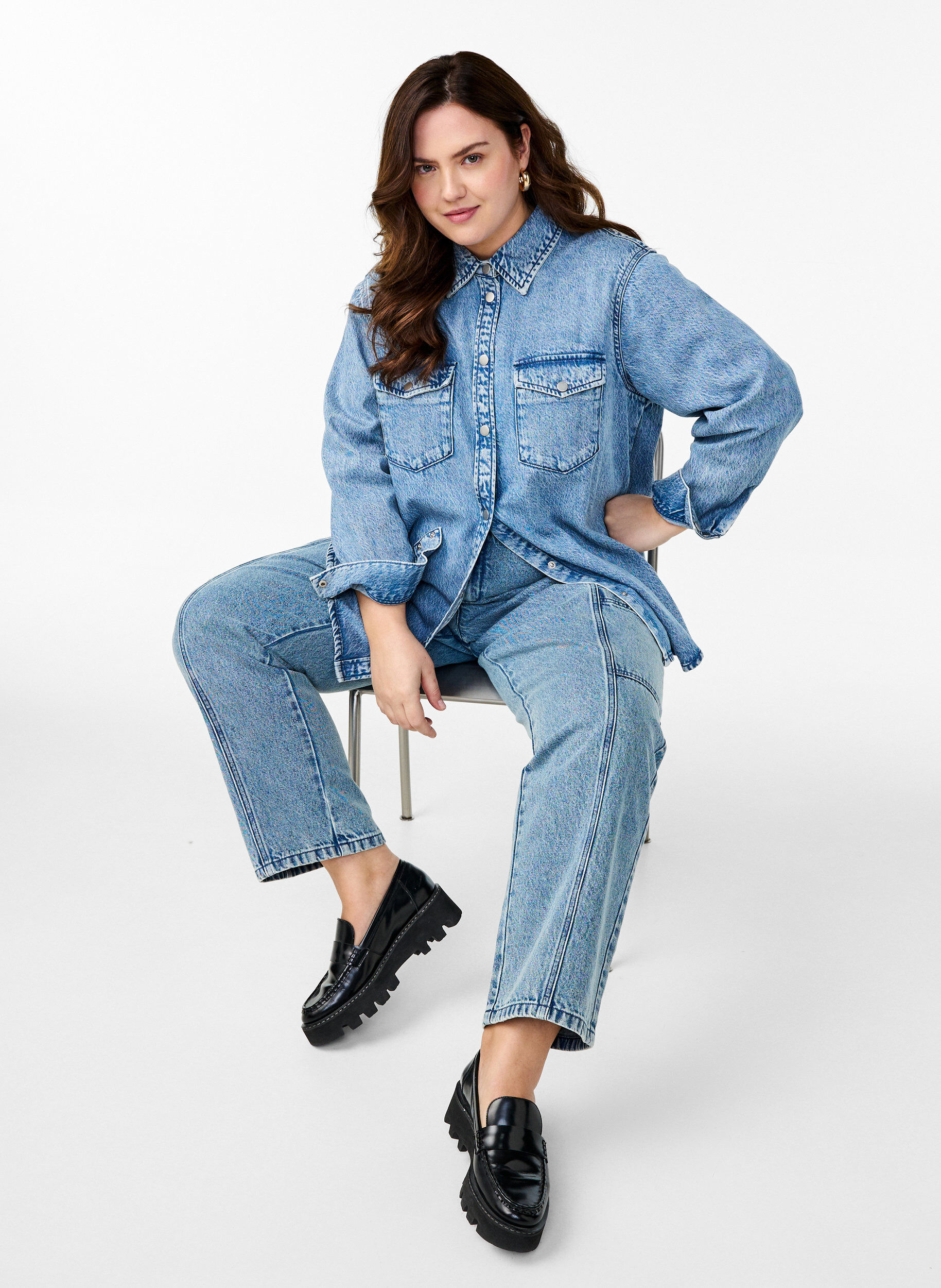 Zizzi Denimskjorta med br&ouml;stfickor, Bl&aring;, Image image number 0