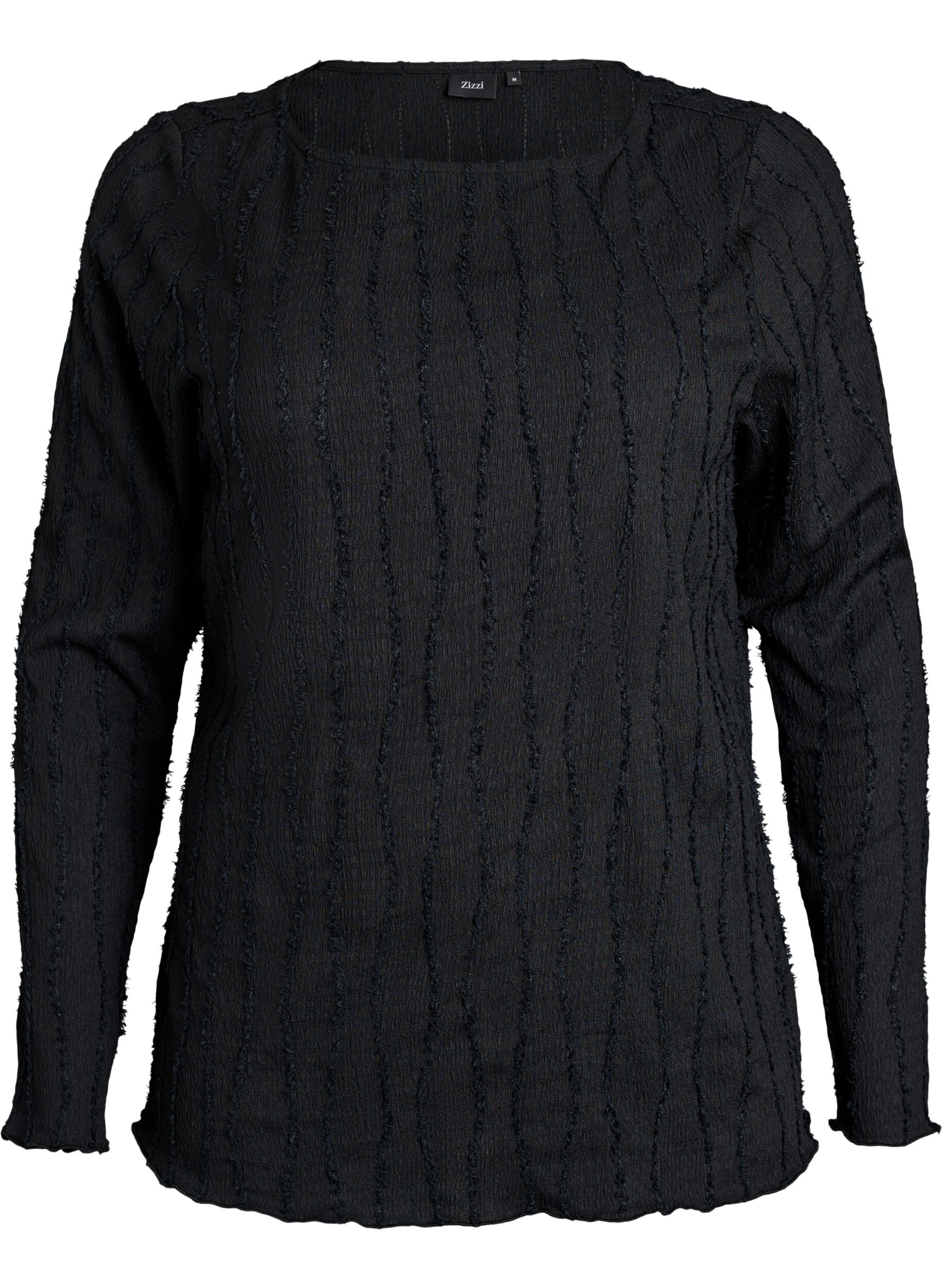 ZizziBlus i jersey med v&aring;gig struktur, Svart, Packshot image number 0