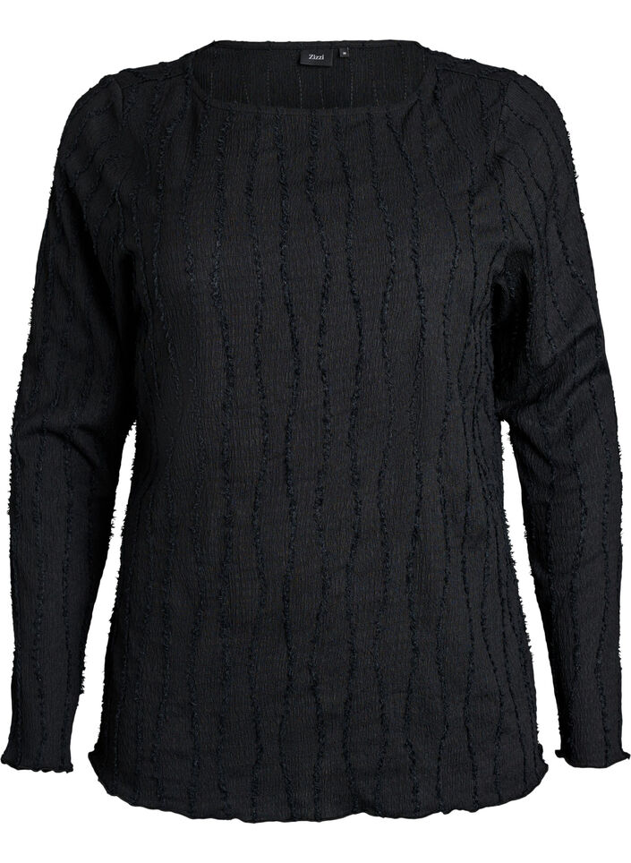 Blus i jersey med v&aring;gig struktur, Svart, Packshot image number 0