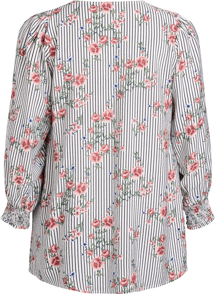 Blus med blommönster och knytdetalj, Svart, Packshot image number 1