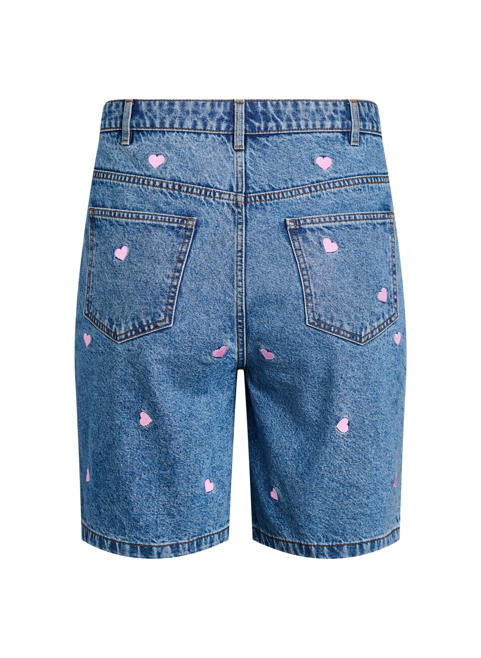 ZizziJeansshorts med h&ouml;g midja och broderade hj&auml;rtan, Bl&aring;, Packshot image number 1
