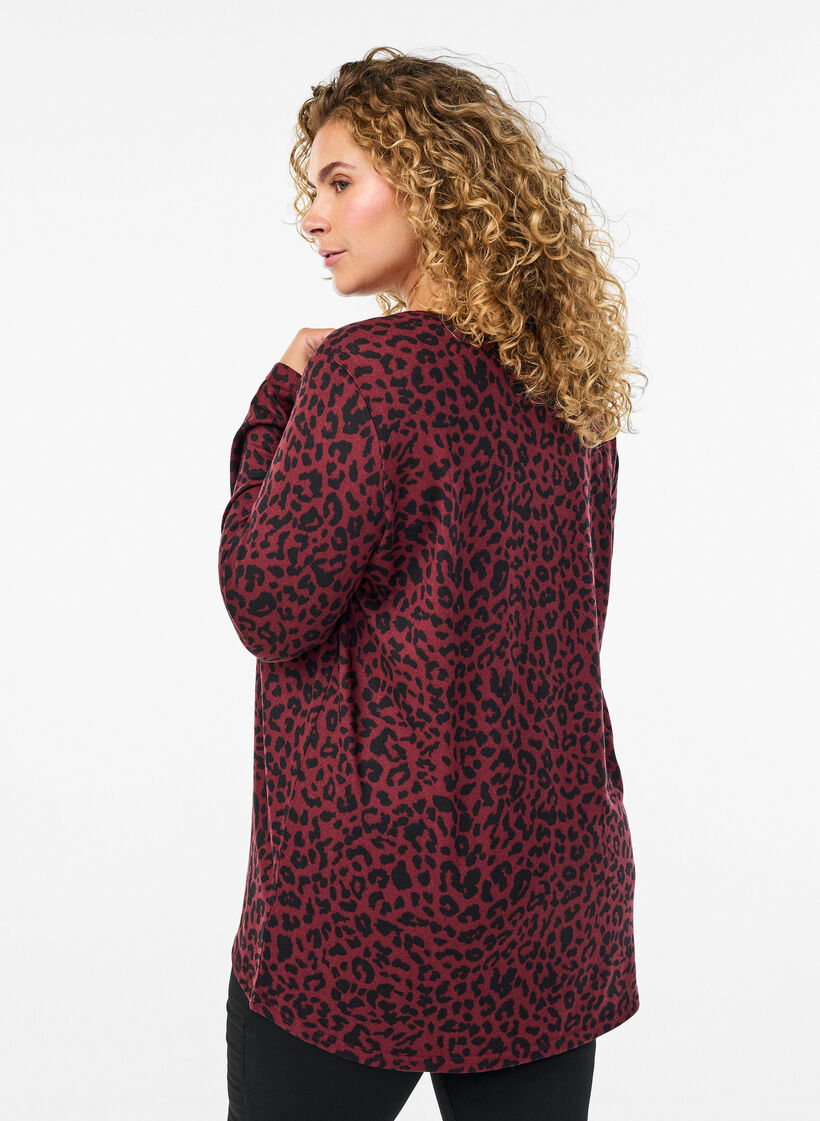 Leopardmönstrad blus med långa ärmar, Mörk Bordeaux, Model image number 2