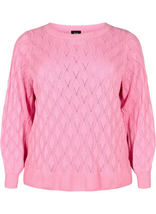 Pullover med hålmönster och båthals	, Begonia Pink, Packshot image number 0