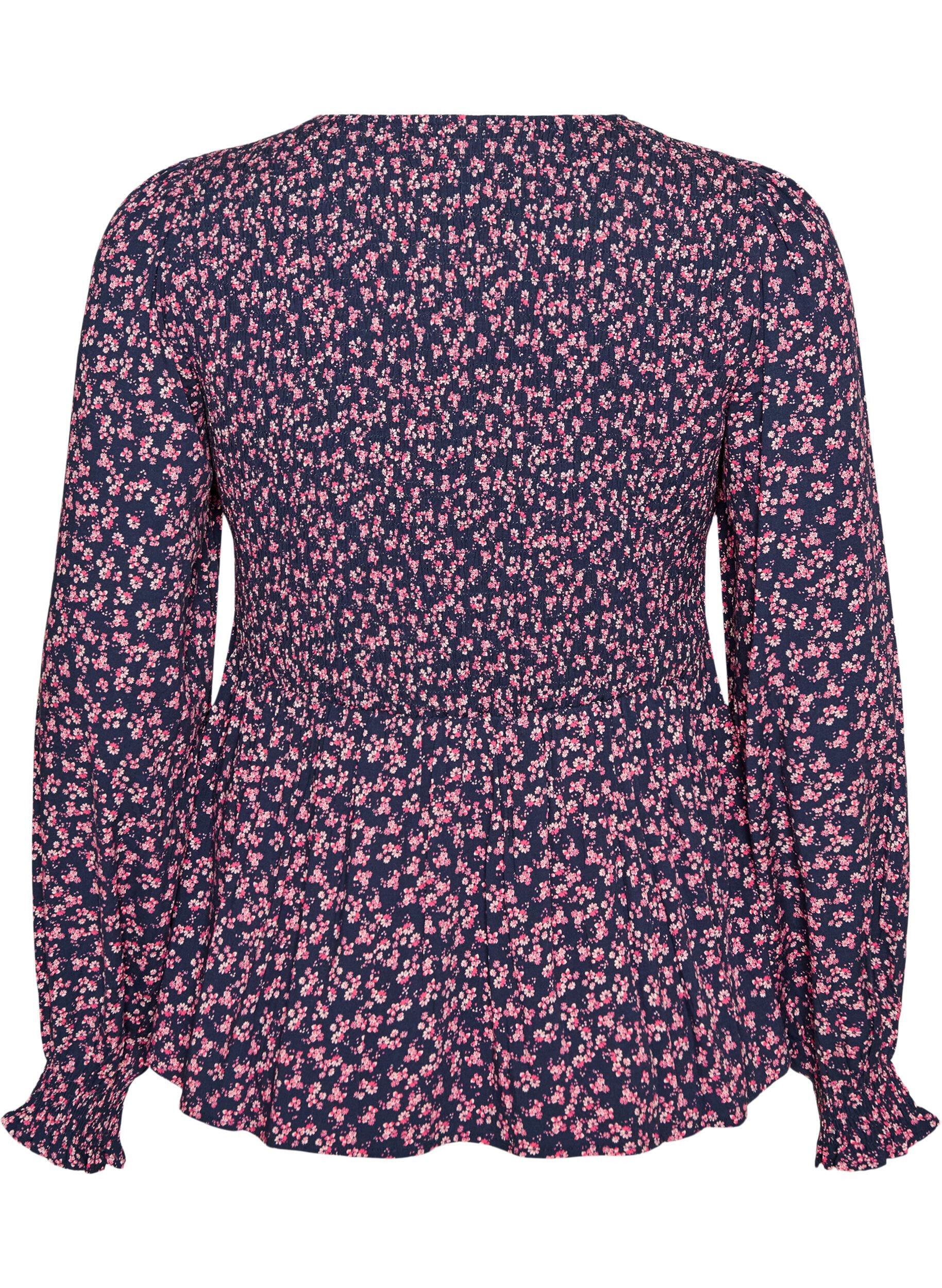 ZizziBlus med smock upptill och blommigt m&ouml;nster, Bl&aring;, Packshot image number 1
