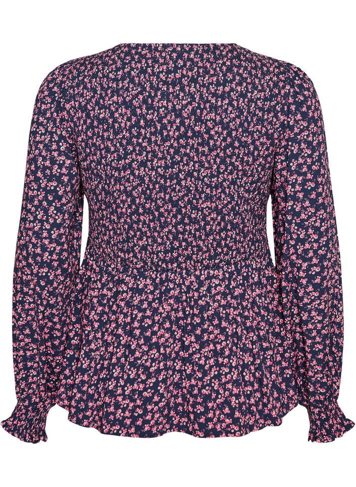 Blus med smock upptill och blommigt m&ouml;nster, Bl&aring;, Packshot image number 1