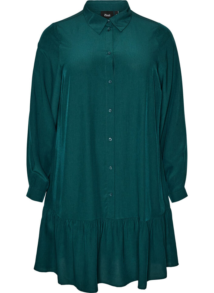 Kort skjortkl&auml;nning med volang, Gr&ouml;n, Packshot image number 0