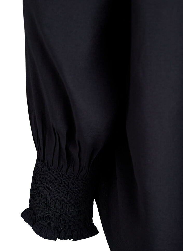 Blus med volangkrage och rynkning, Svart, Packshot image number 3