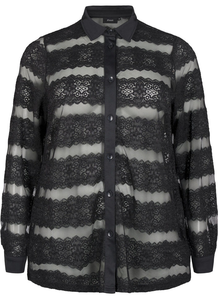 Lös skjorta med spets och transparent mesh, Black, Packshot image number 0