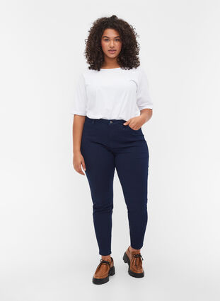 Amy jeans med hög midja och 4-way stretch, Dark blue, Model image number 0