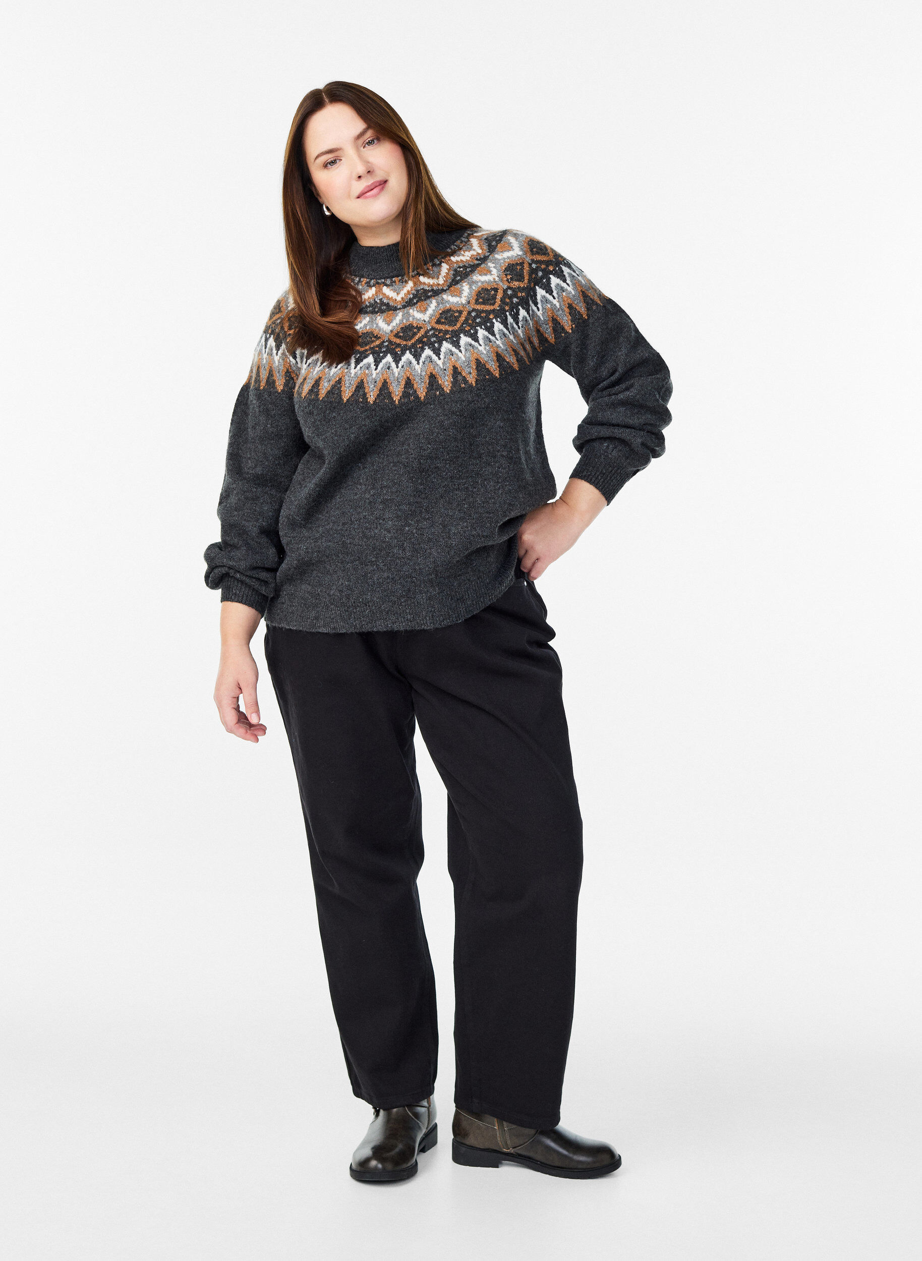 Zizzi Stickad blus med m&ouml;nster och h&ouml;g hals, Gr&aring;, Model image number 1