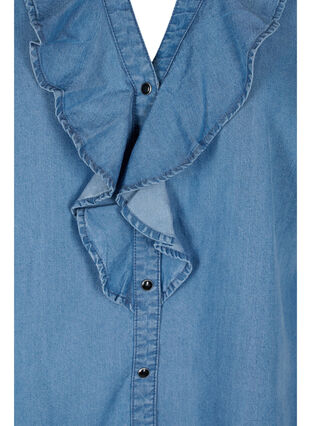 Långärmad skjorta med v-ringad hals och volanger, Blue denim, Packshot image number 2