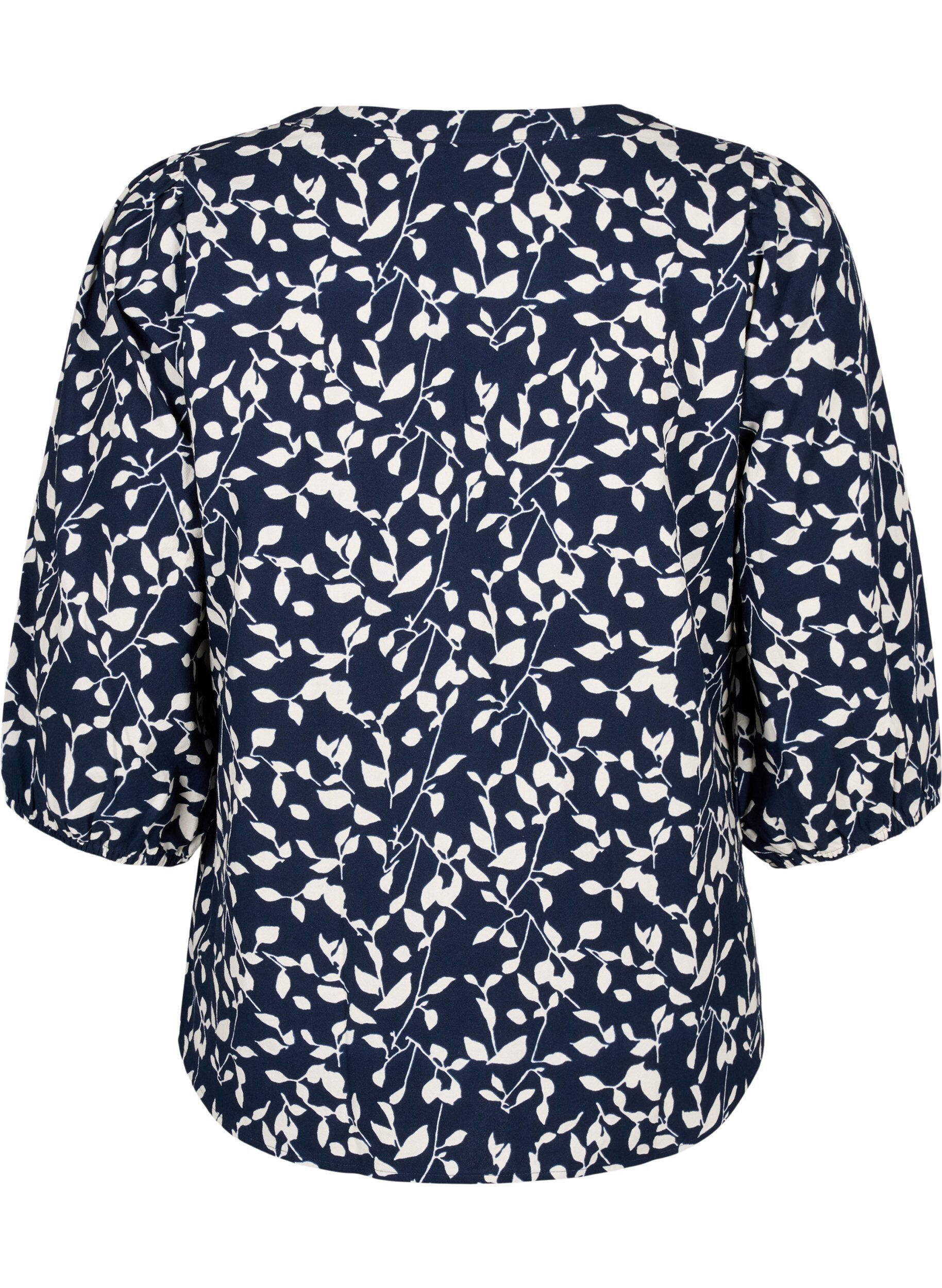 Zizzi Bomullsblus med 3/4-&auml;rm och tryck, Navy Blazer Leaf, Packshot image number 1