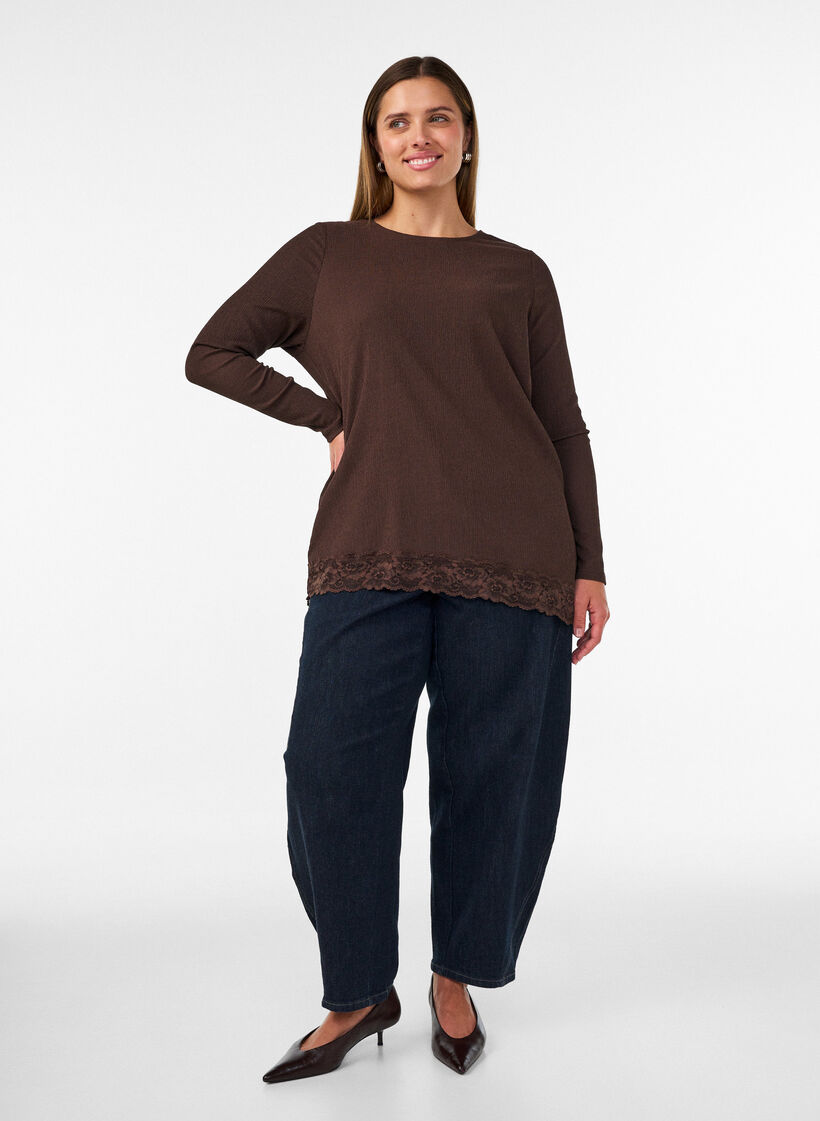 Blus i jersey med asymmetrisk spetskant, Brun, Model image number 1
