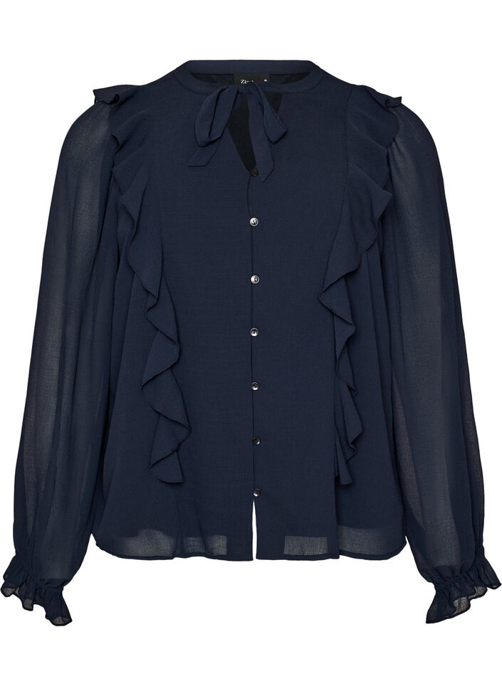 Skir blus med volanger och knytning, Bl&aring;, Packshot image number 0