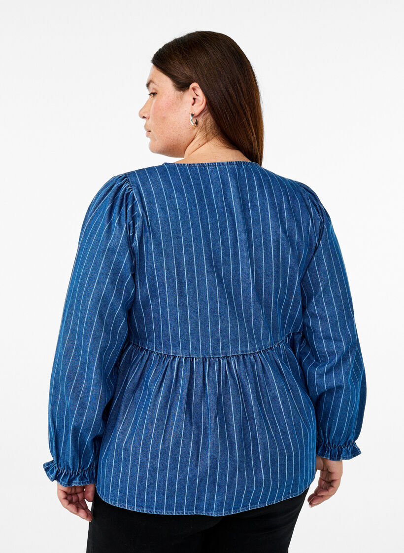 Randig denimblus med knytband fram, Blå, Model image number 2