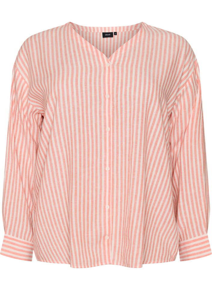Blus i linne och viskos med v-ringning, Orange, Packshot image number 0