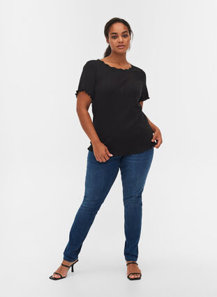 Ribbad t-shirt med spetskant, Black, Model image number 3