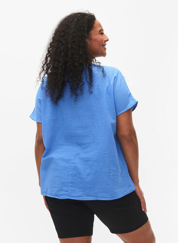 Kortärmad blus i bomullsmix med linne, Ultramarine, Model image number 1
