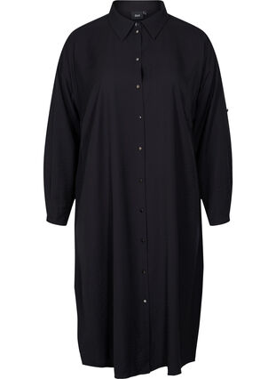 Enfärgad skjortklänning med slits i viskos, Black, Packshot image number 0