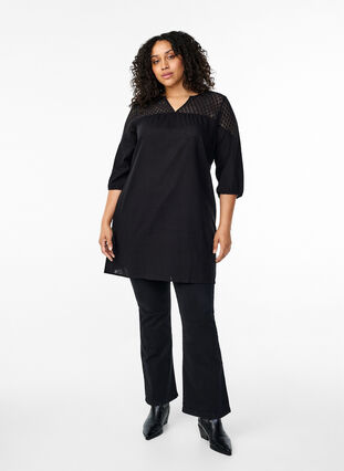 Klänning i bomullsblandning med linne och virkade detaljer, Black, Model image number 2