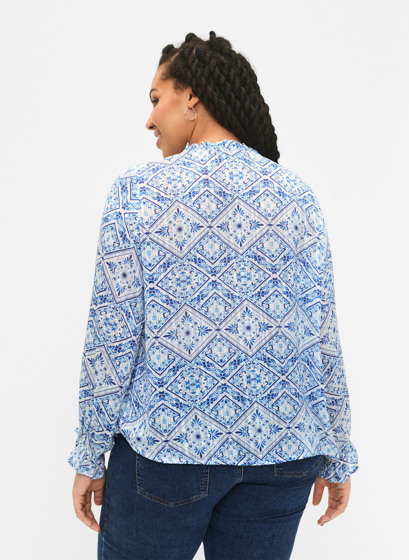 Långärmad blus med volanger och tryck, Beige, Model image number 2