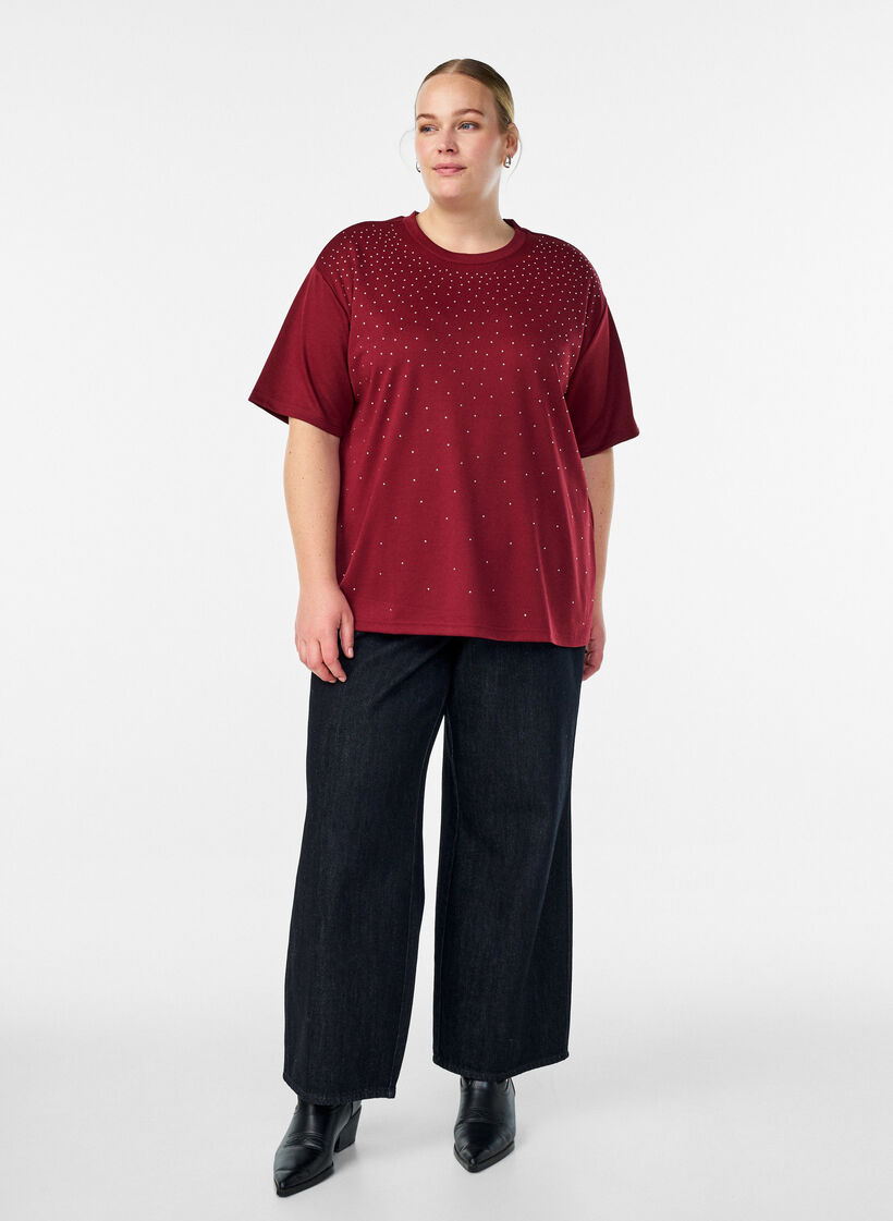 T-shirt med strass och rund hals, M&ouml;rk Bordeaux, Model image number 1
