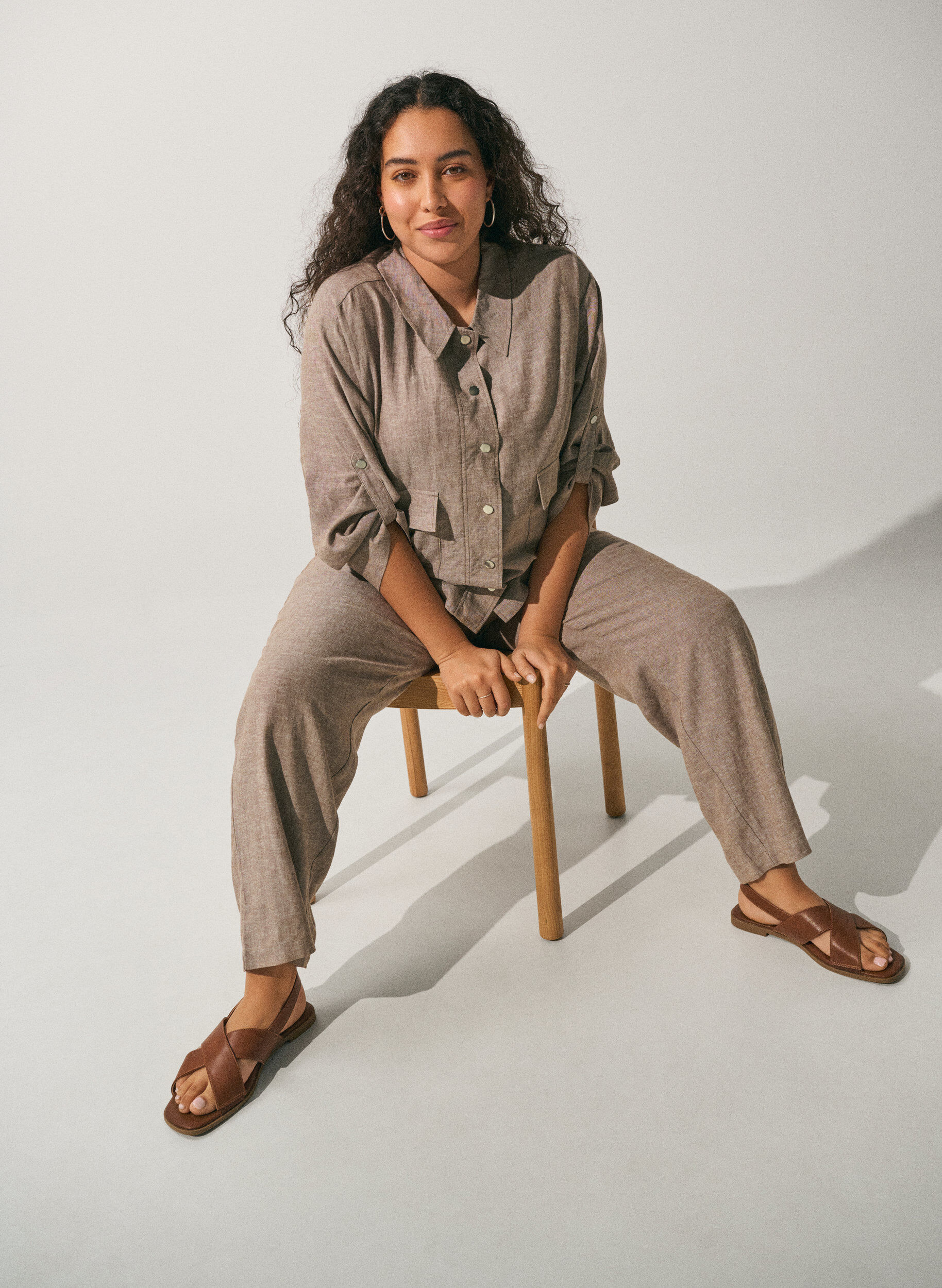 Zizzi Skjortblus i linne och viskos med justerbar midja, Brun, Image image number 0