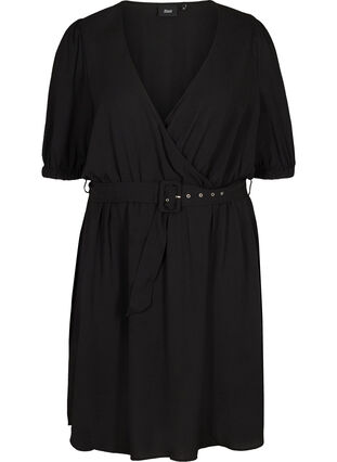 Kortärmad klänning med bälte, Black, Packshot image number 0