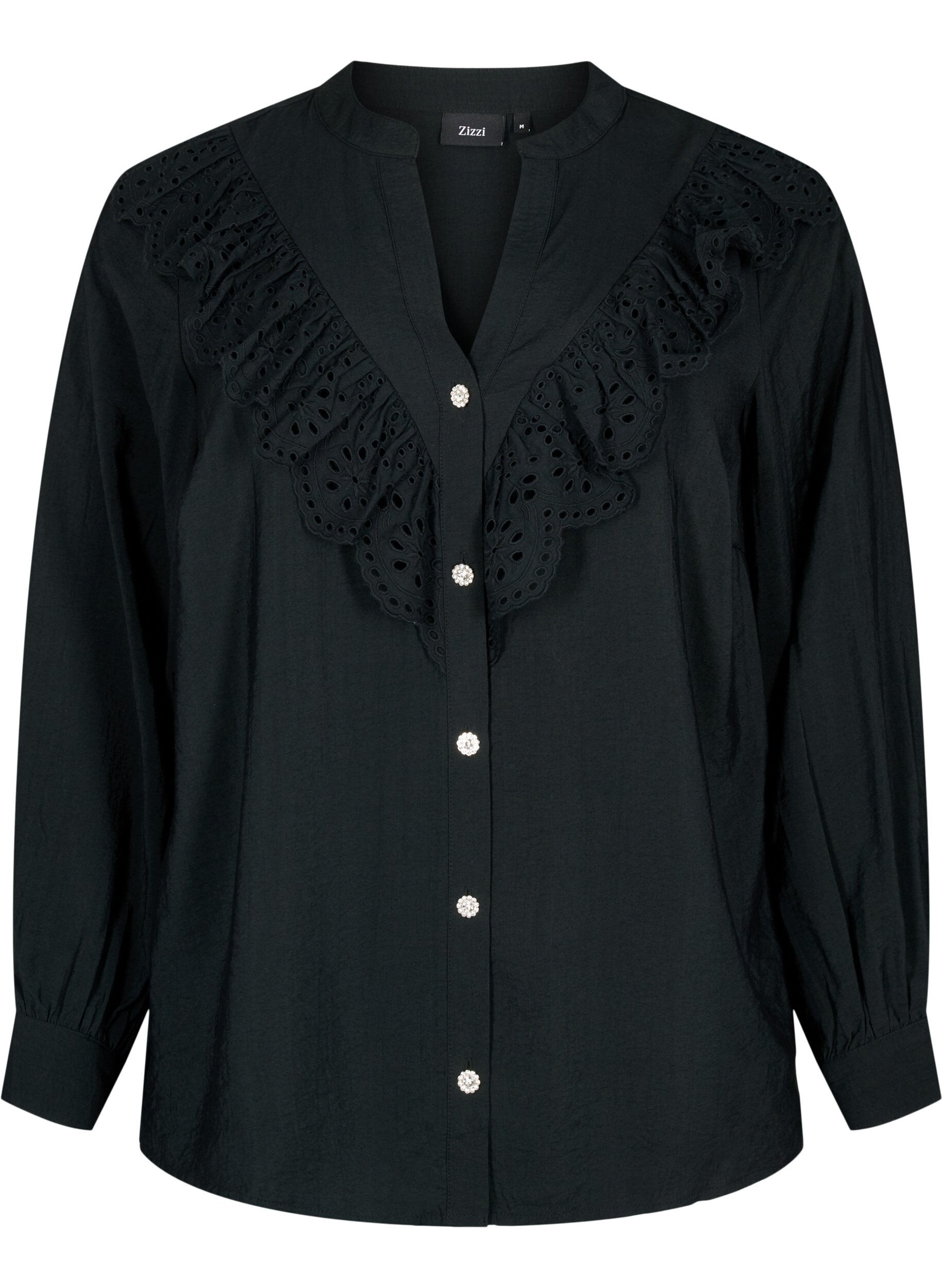 Zizzi Skjortblus i viskos med volanger, Black, Packshot image number 0