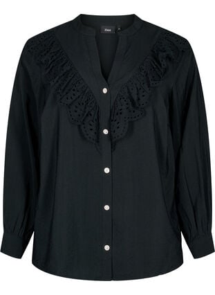 Skjortblus i viskos med volanger, Black, Packshot image number 0
