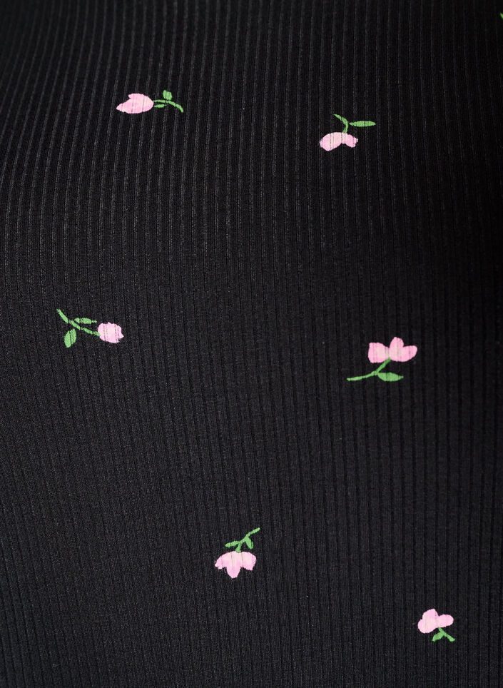 Pyjamastopp med blommigt m&ouml;nster och ribbad struktur, Svart, Packshot image number 2