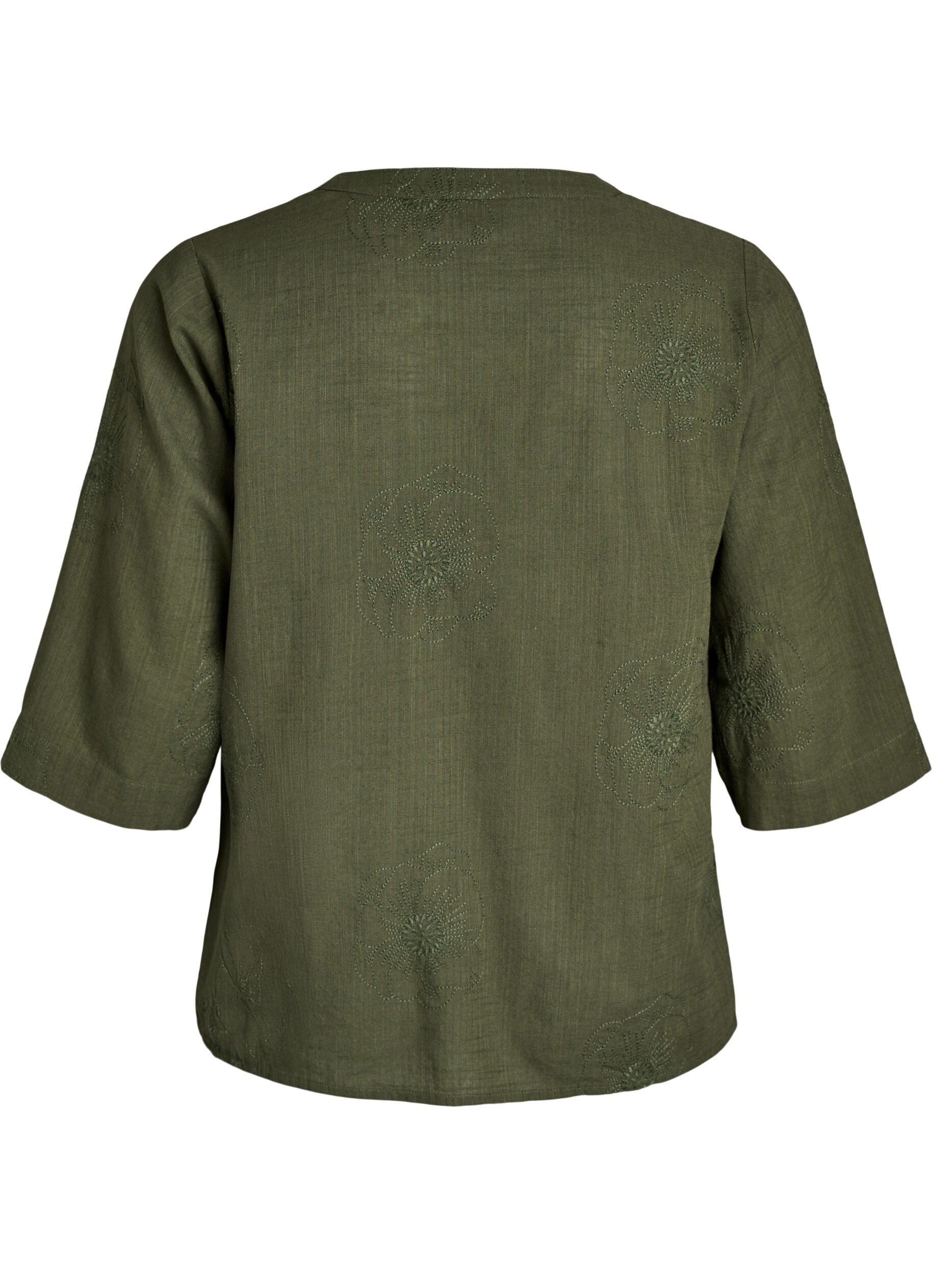 ZizziBlus i bomull med broderade detaljer och 3/4-&auml;rmar, Gr&ouml;n, Packshot image number 1