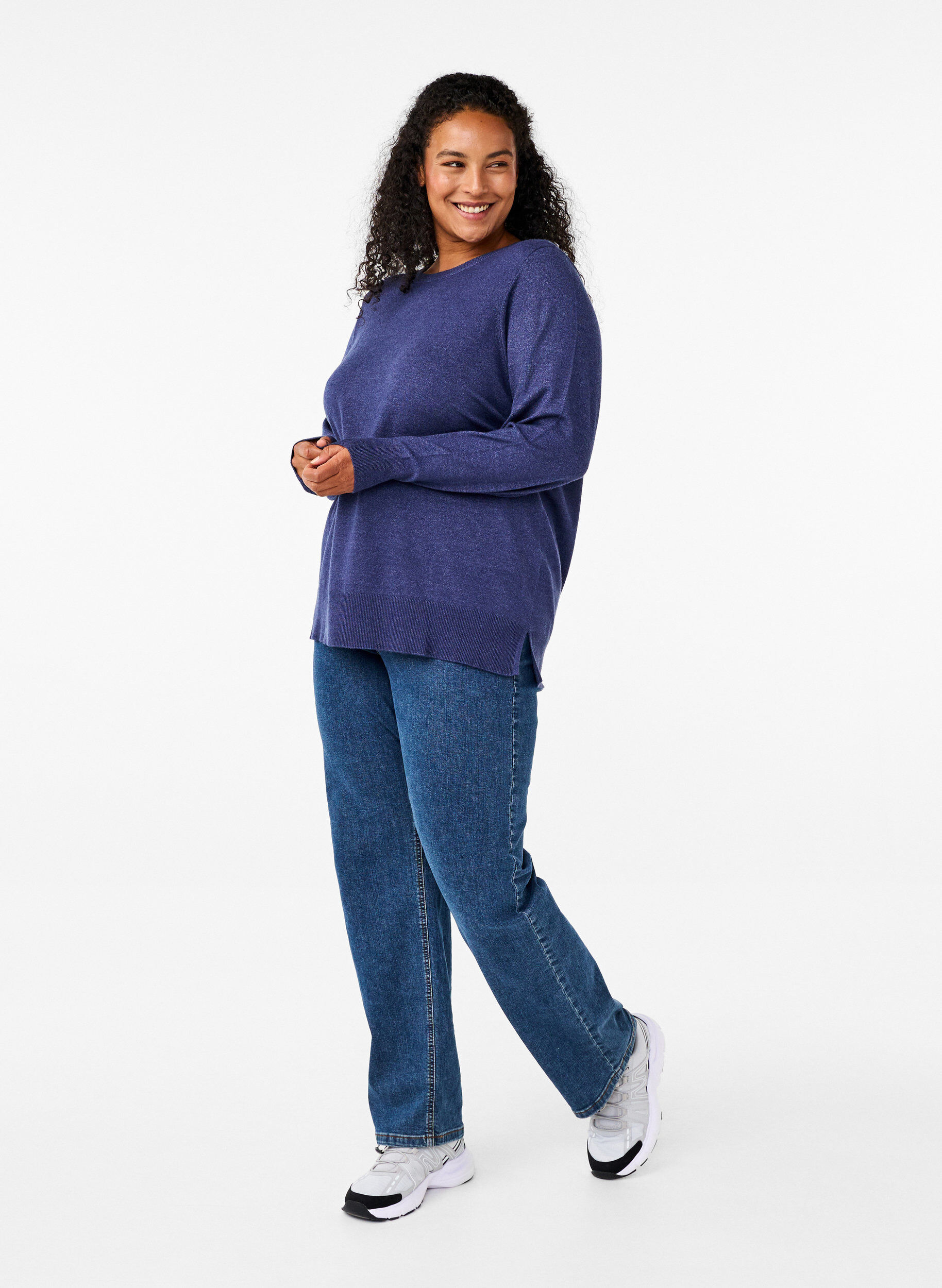 Zizzi Stickad blus med l&aring;nga &auml;rmar och slits, Bl&aring;, Model image number 1