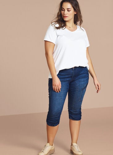 Slim fit capri-jeans med fickor, Dark blue denim, Model image number 1