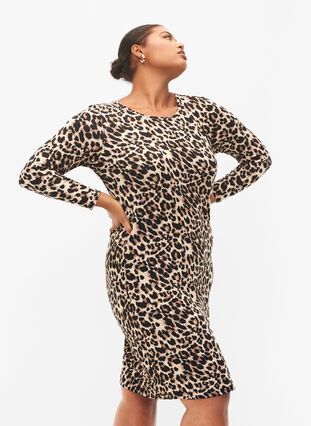 Leopardmönstrad klänning med långa ärmar, Leo, Model image number 0
