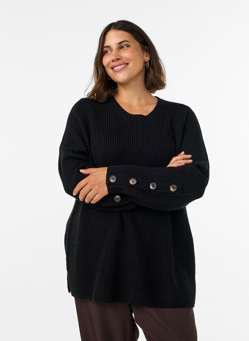 Stickad blus med ribbstruktur och knappdetaljer, Svart, Model image number 0