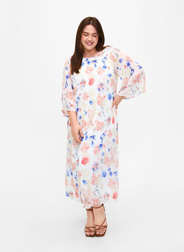 Blommig plisserad klänning med dragsko, White/Blue Floral, Model image number 0