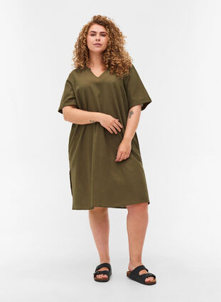 Kortärmad klänning i bomullsmix med linne, Ivy Green, Model image number 2