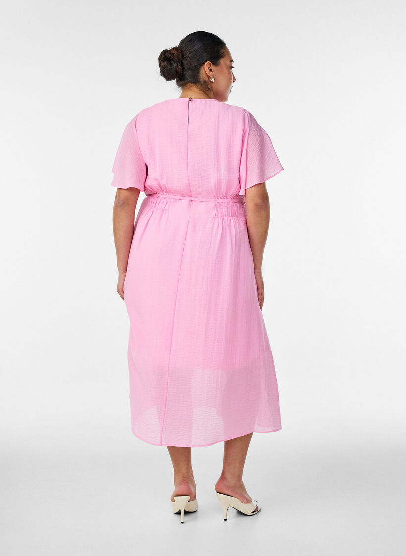 Ankell&aring;ng kl&auml;nning med fladder&auml;rmar och knytsk&auml;rp i midjan, Rosa, Model image number 1