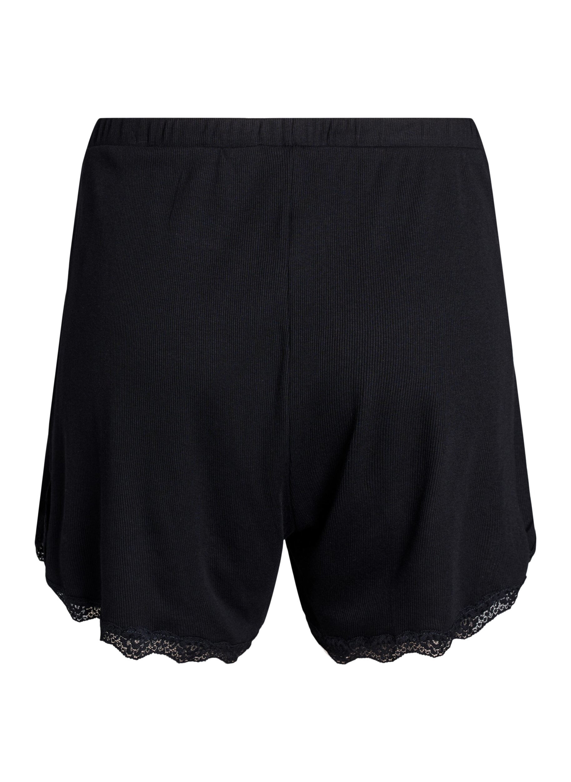 Zizzi L&ouml;sa nattshorts med ribbstickad textur och spetskant, Svart, Packshot image number 1