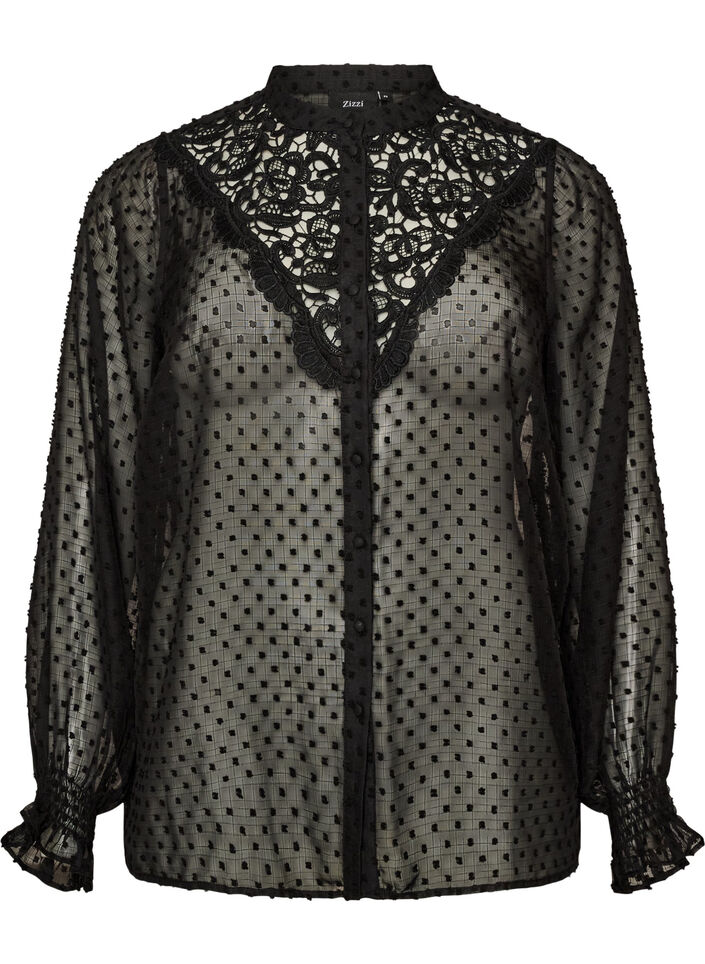 Skjortblus med spetsinf&auml;llning och prickigt m&ouml;nster, Svart, Packshot image number 0