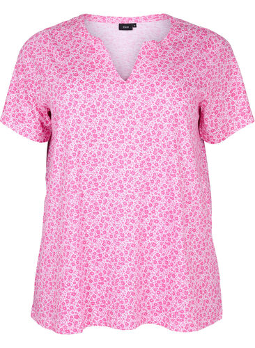 Blommig v-ringad t-shirt i bomull, Shocking Pink AOP, Packshot image number 0
