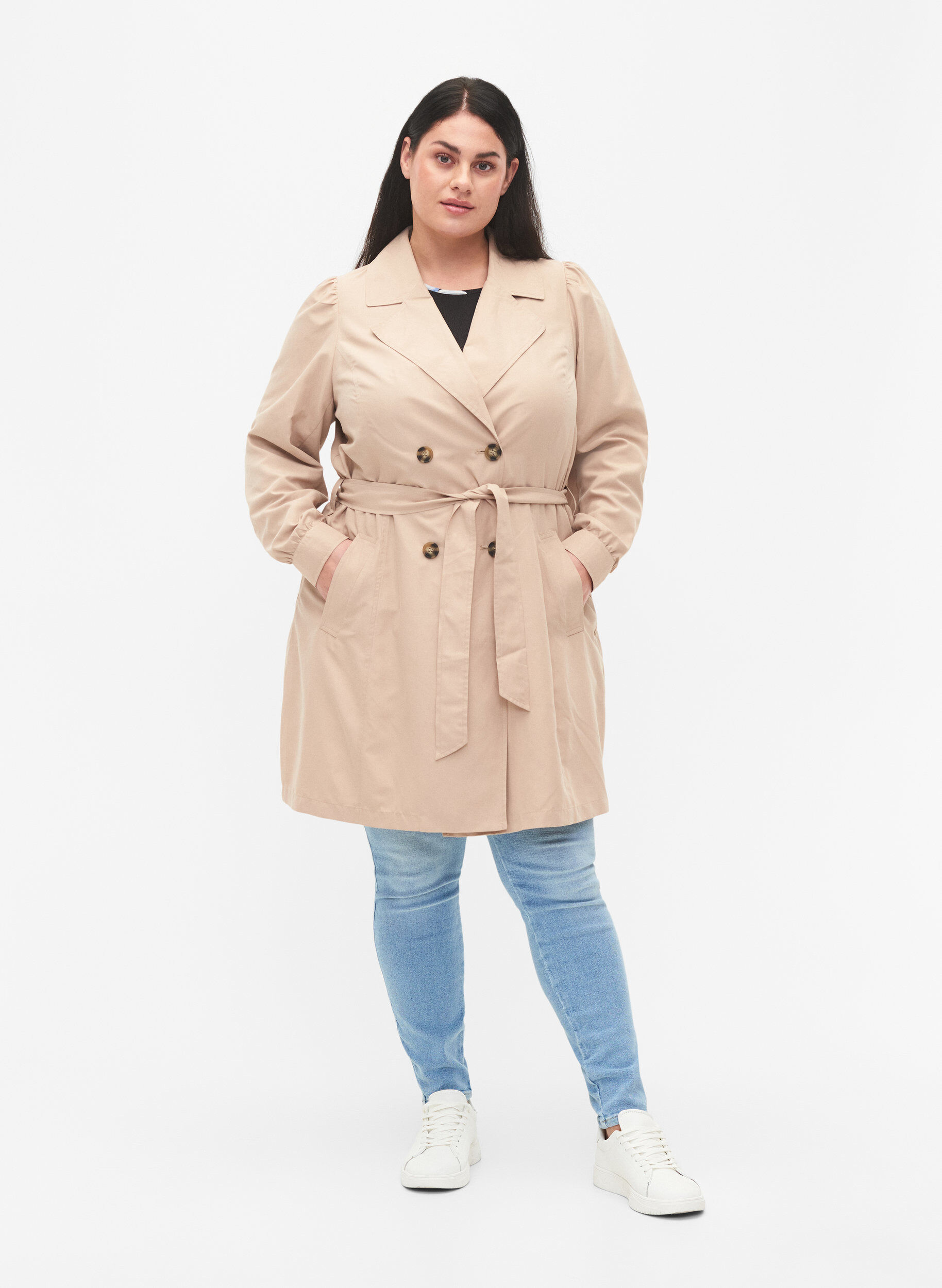 Zizzi Trenchcoat med b&auml;lte och fickor, Nomad, Model image number 2