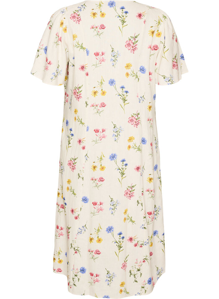 Midikl&auml;nning i linne och viskos med volang&auml;rmar, Beige, Packshot image number 1