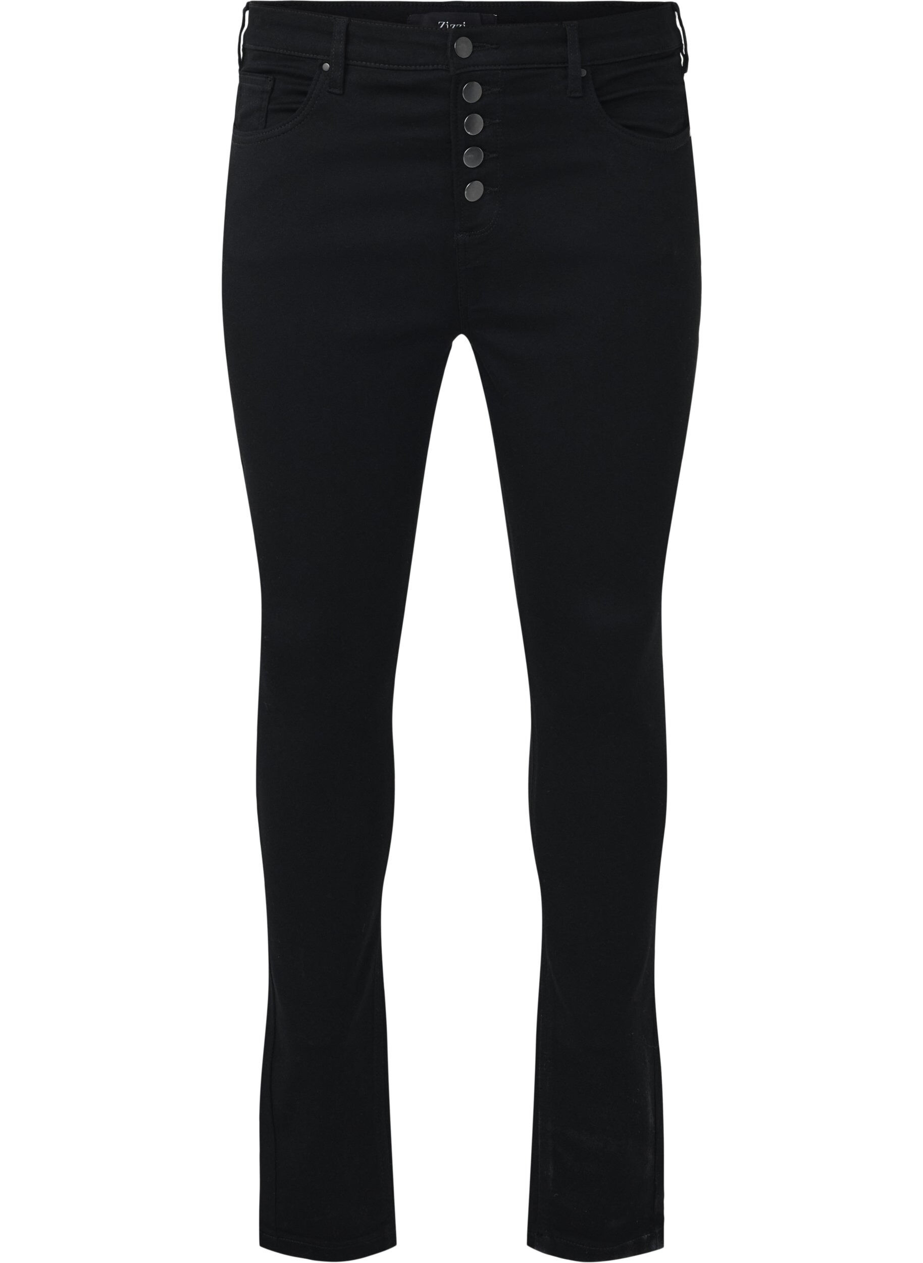 Zizzi Amy-jeans med h&ouml;g midja och knappst&auml;ngning, Black, Packshot image number 0