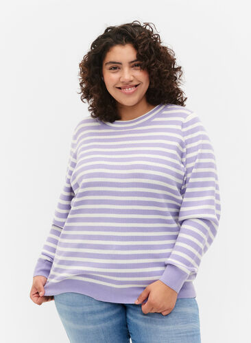 Randig ribbstickad tröja, Lavender Comb., Model image number 0